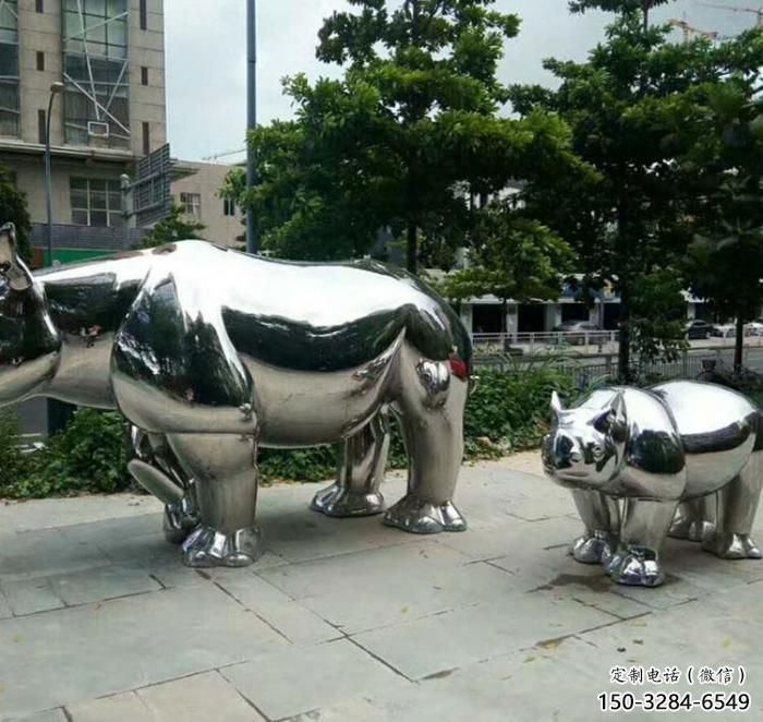 園林犀牛雕塑，噴漆運動雕塑，網格形式