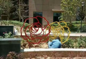 烤漆月季花雕塑 鋼管花卉雕塑 室內(nèi)花朵雕塑