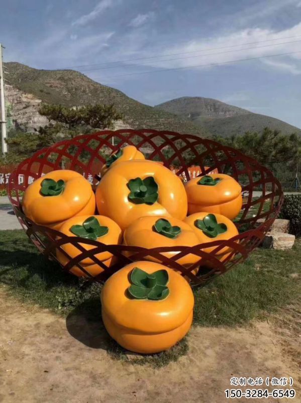 景觀果籃雕塑制作選用，景區(qū)案例，柿子果籃雕塑制造商