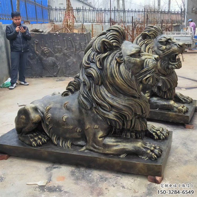 大型趴獅雕塑，仿銅動物雕塑，玻璃鋼獅子雕塑制作