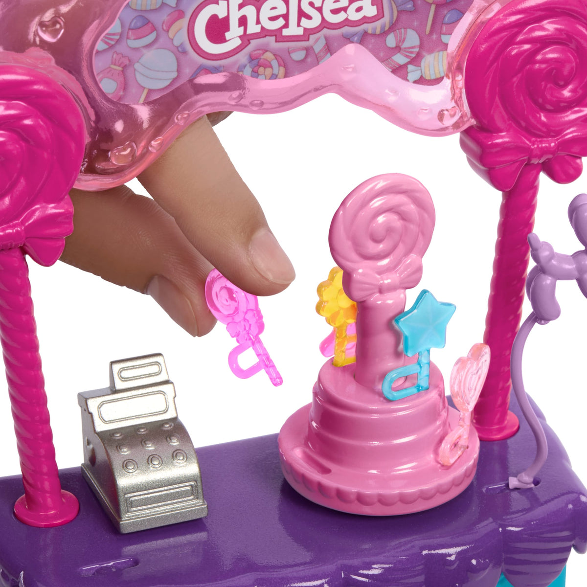 Barbie  Poupée Chelsea et Kiosque à Sucettes et Bonbons, 10Éléments